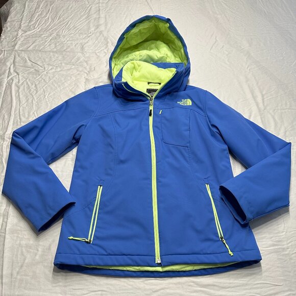 North Face Women’s Blue Softshell Jacket – Neon Accents, Hooded, Water Resistant - Picture 1 of 5
